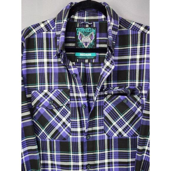 Born Scum Bottom Feeder Shirt Mens Medium Purple Black Plaid Flannel Button Down - Picture 3 of 16